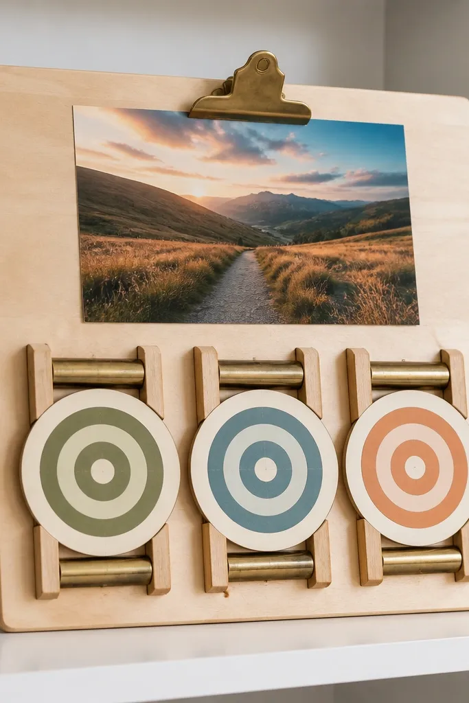 Wood clipboard board holding career photos with a rotating top target card