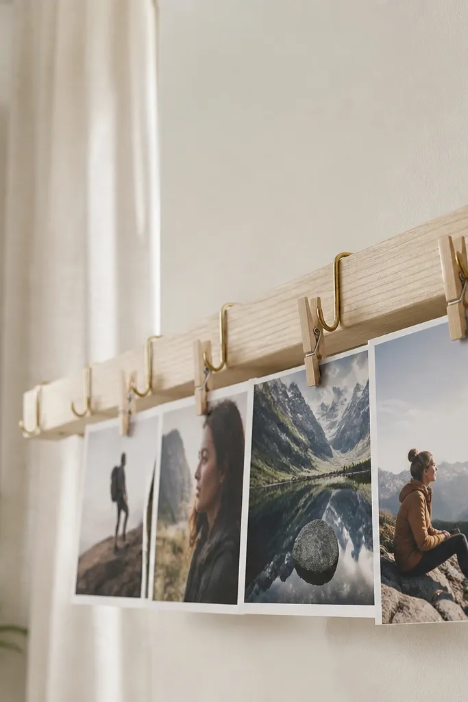 Light wood rail with clothespins holding career photos in neat rows