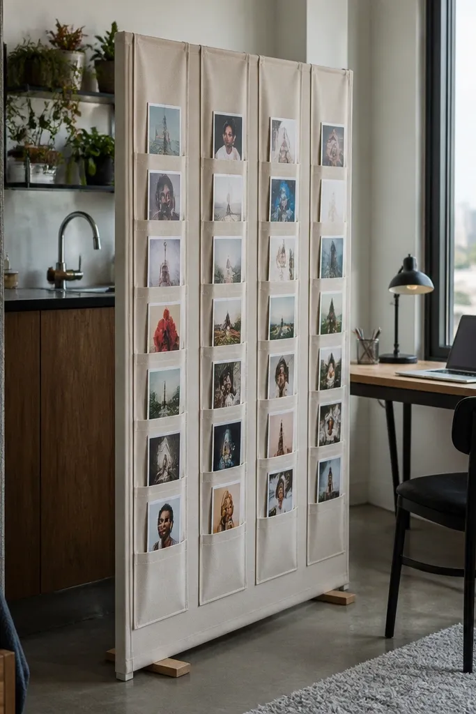 Folding room divider with fabric pockets holding career photos and cards