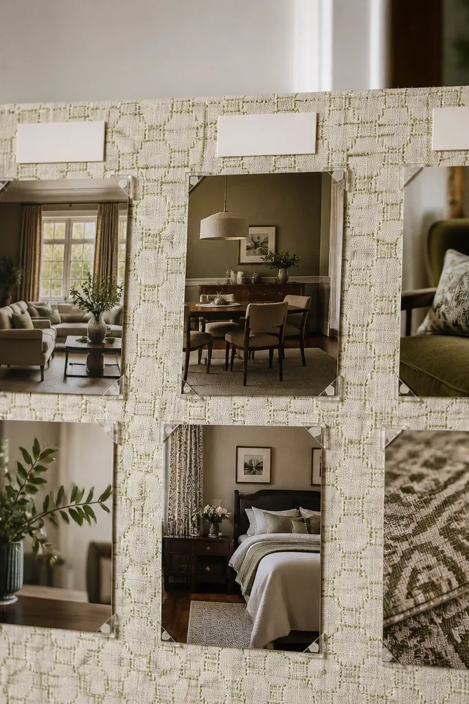 Foam board covered in subtle wallpaper with photos held by corners and typed labels