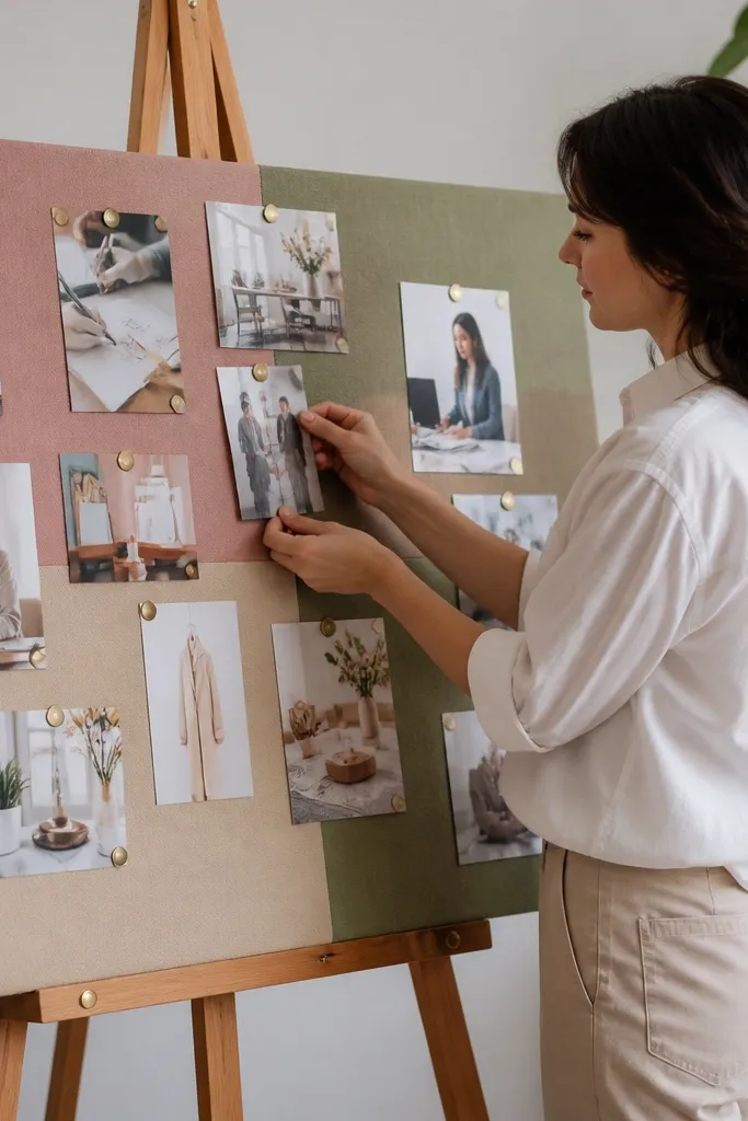 Fabric color blocks on a board with pinned job target photos in each section