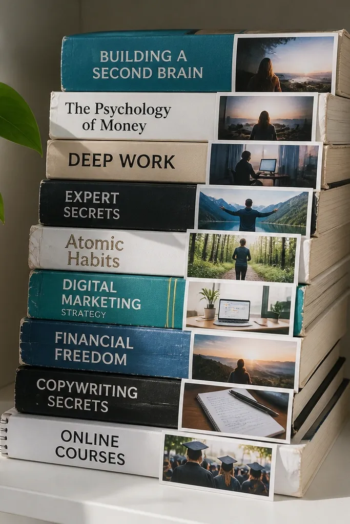 Small shelf stack with book covers and inserts arranged like a styled tower