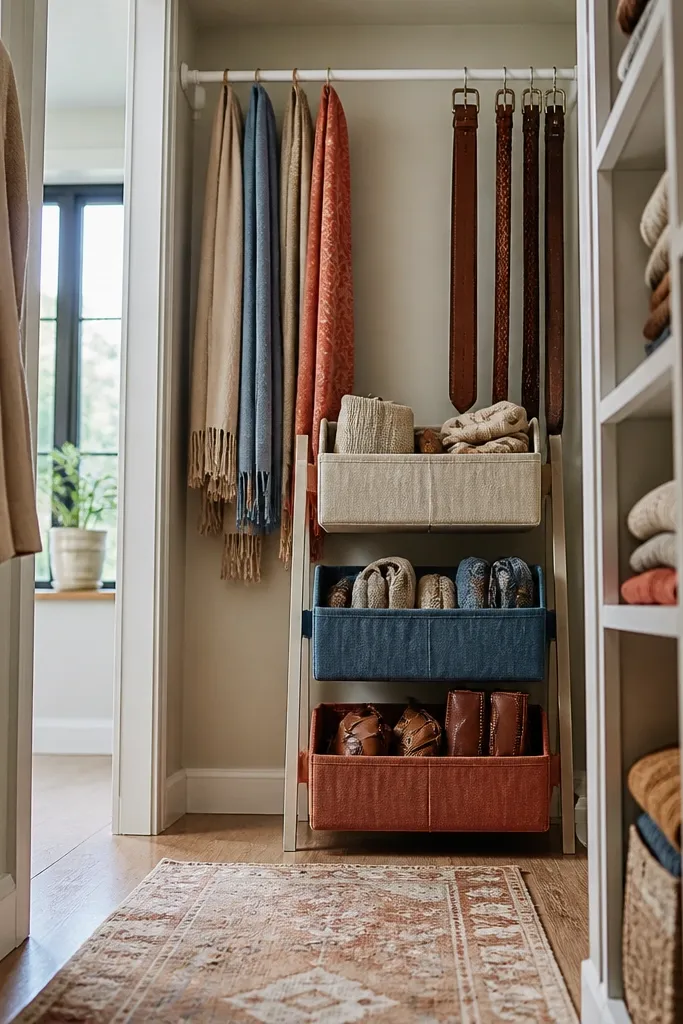 Closet shelf with a tension rod above and matching bins in soft neutral colors