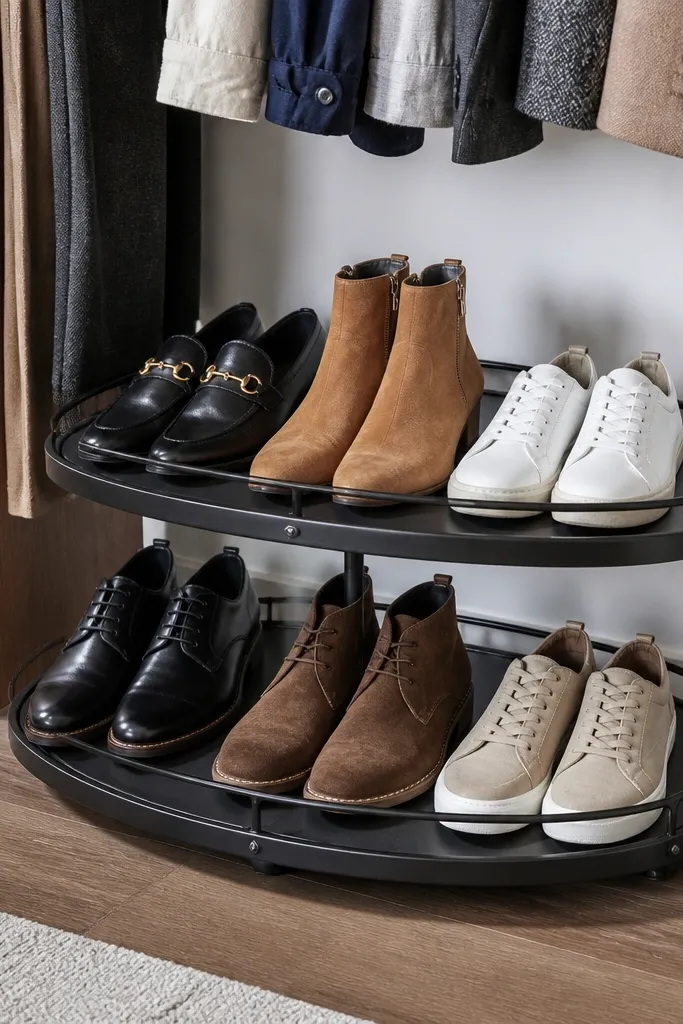 Closet shoe area with a two-tier front row and neatly angled shoes