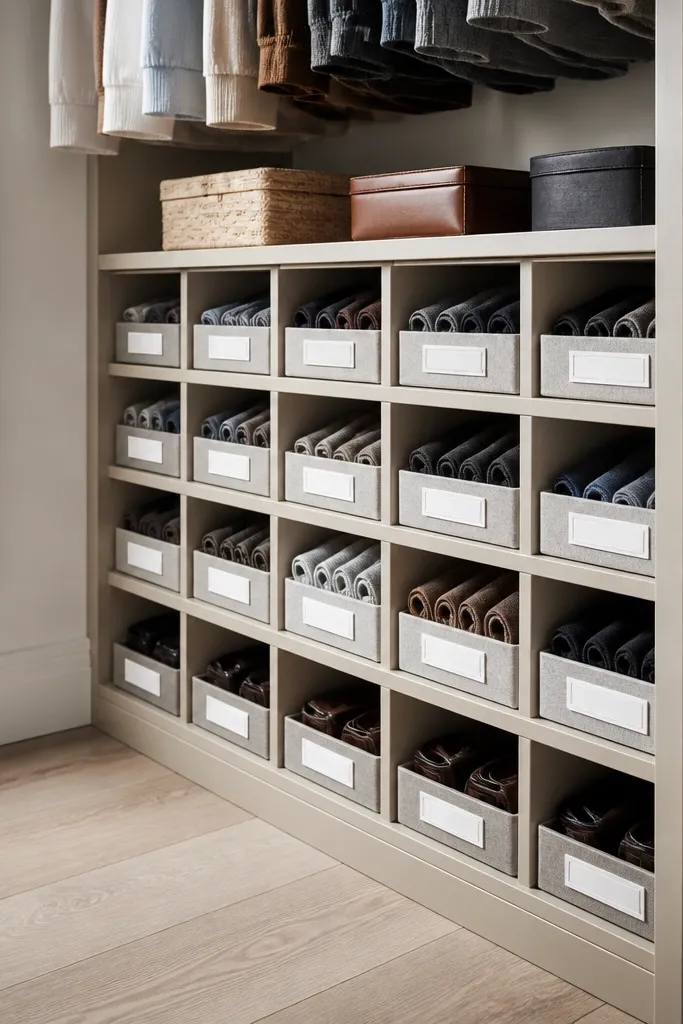 Closet corner shelf with dividers creating a grid and label tabs on each section