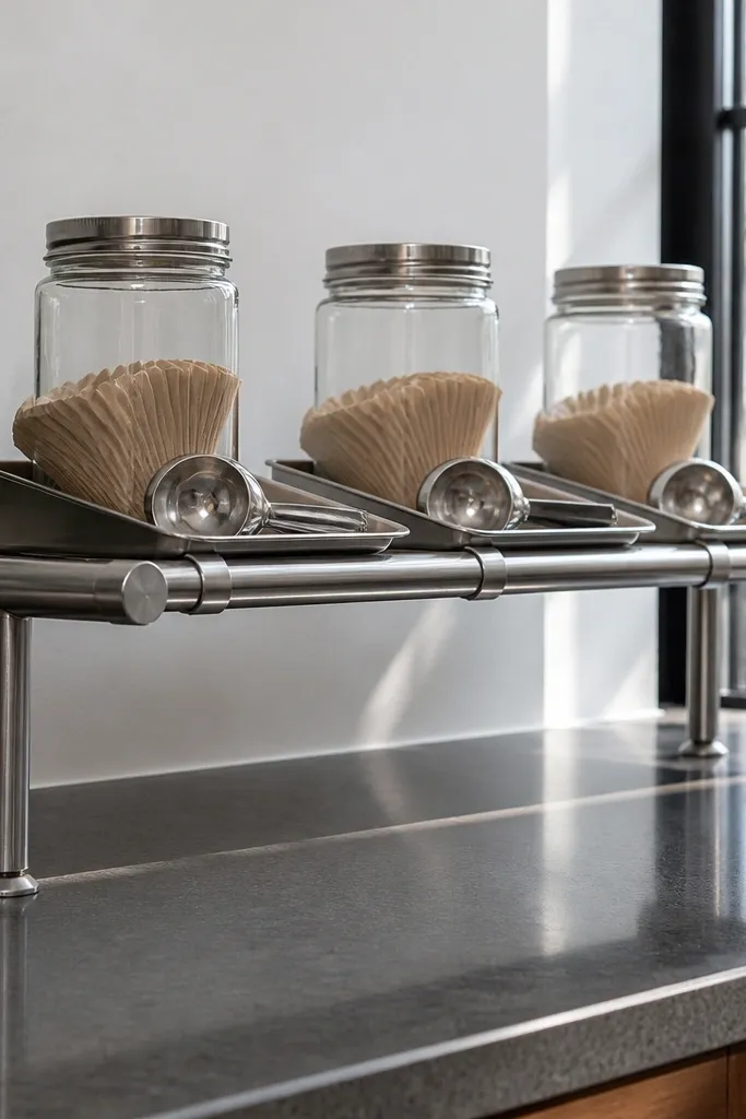 Freestanding rail holding two removable trays with coffee jars and cups