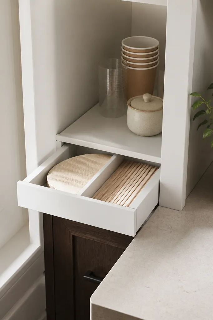 Small sliding drawer insert holding coffee tools and jars on a countertop