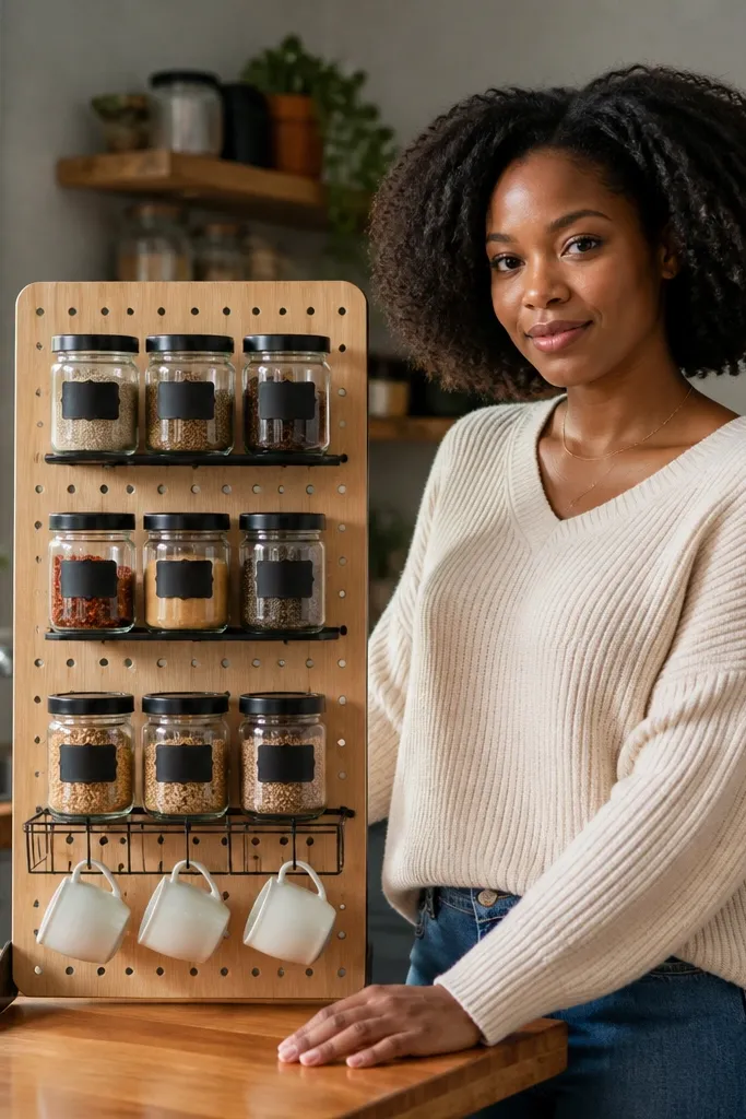 Small pegboard shelf with lidded coffee jars and hooks for cups