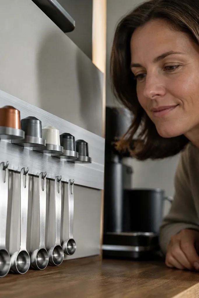 Magnetic rail with small cups holding spoons and coffee accessories
