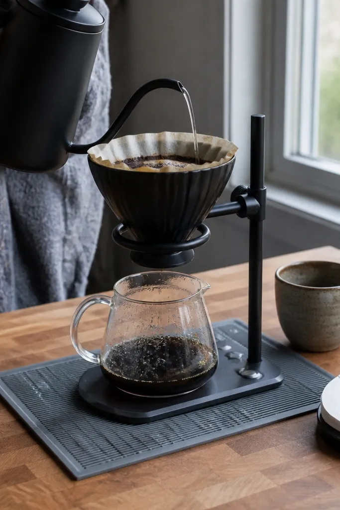 Pour-over stand with a foldable drip mat and ceramic cups