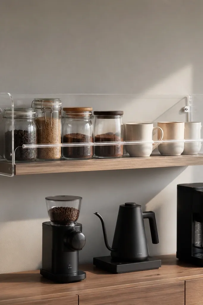 Small wall shelf with guard rails holding coffee jars and cups