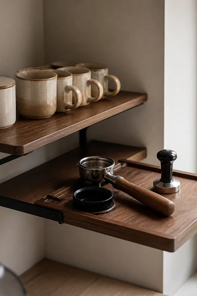 Corner shelf with a detachable tray holding coffee grinder and cups