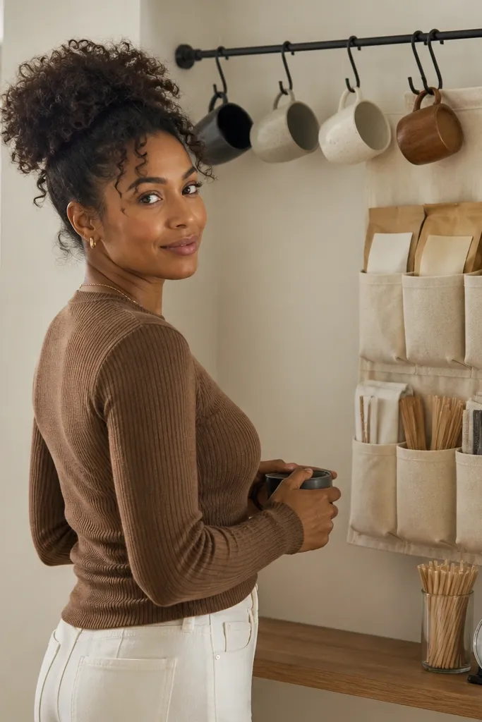 Curtain rod coffee station holding mugs and a pocket organizer for packets