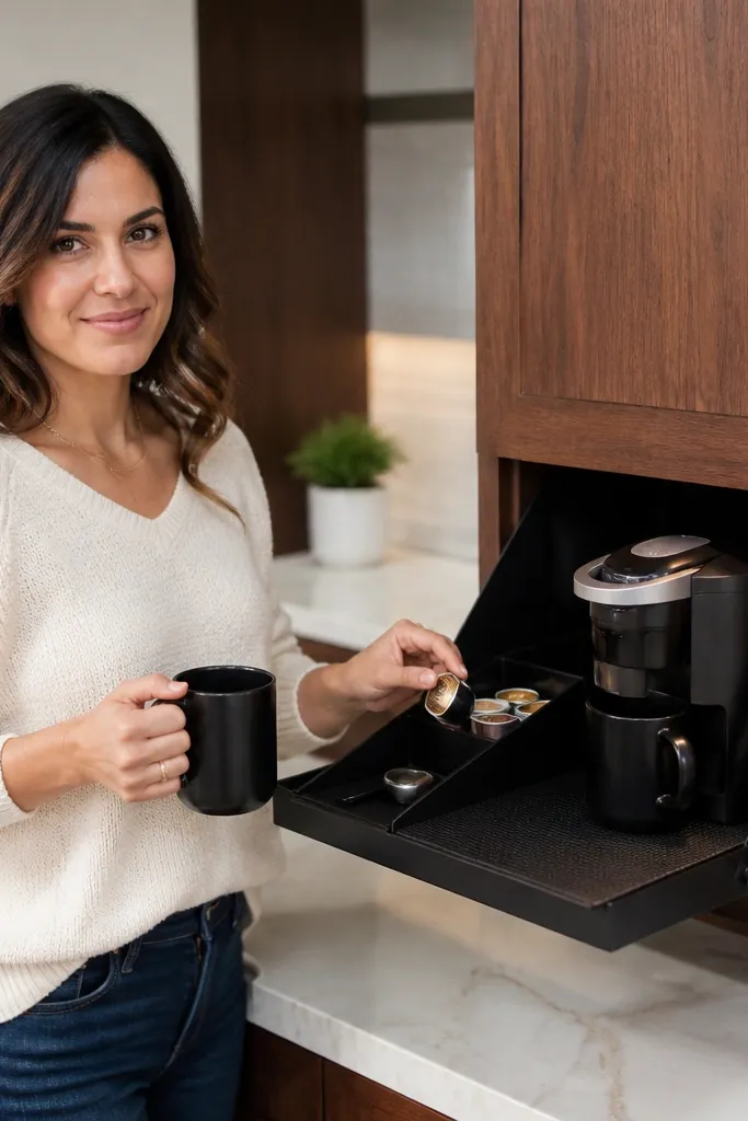 Cabinet door with a flip-down tray holding cups and coffee supplies