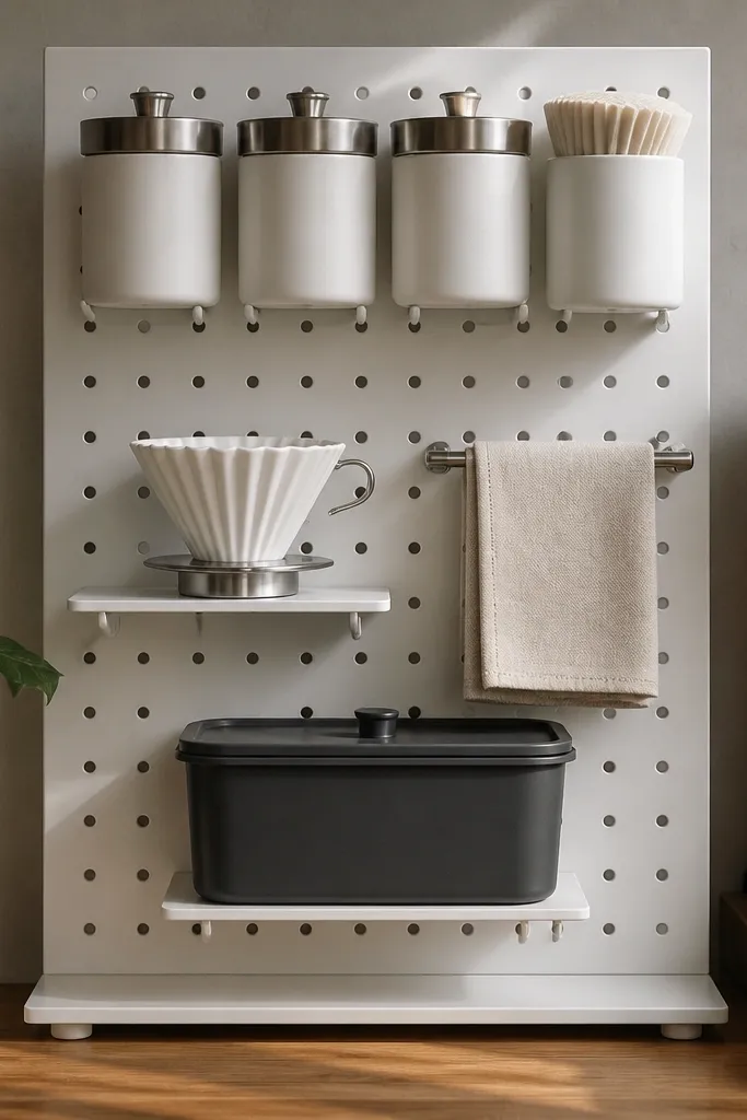 Pegboard station with matching canisters and a small bin for coffee grounds
