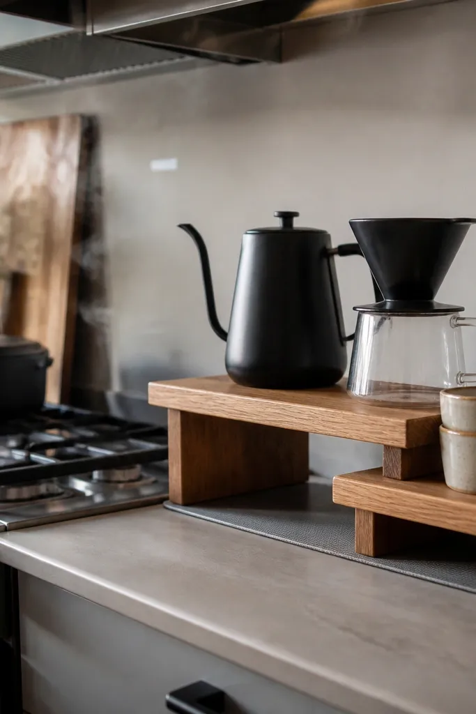 Wooden risers creating a coffee zone with cups and a dripper on a mat