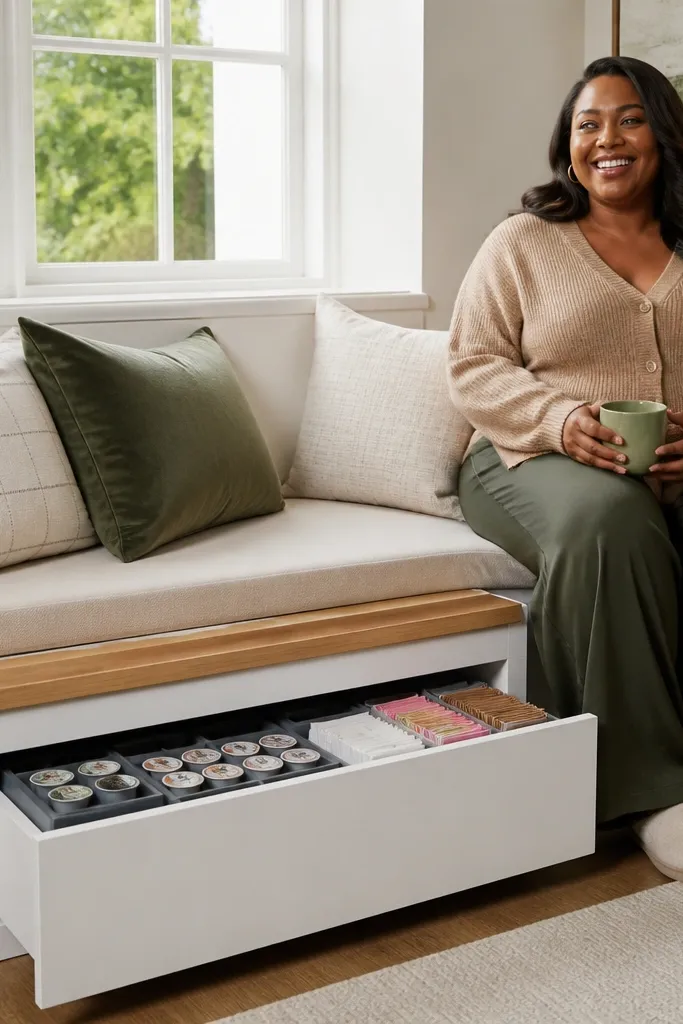 Small banquette corner with a pull-out drawer for coffee supplies and cups on top.