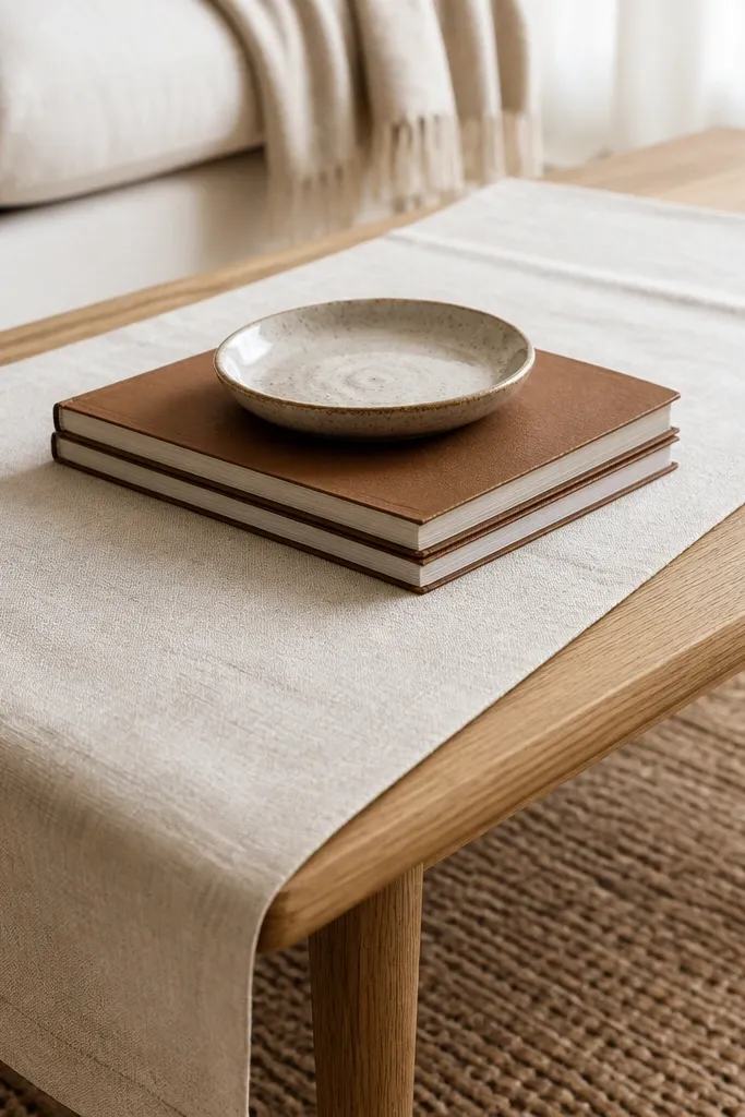 Cream linen runner over a coffee table with stacked books and a small candle