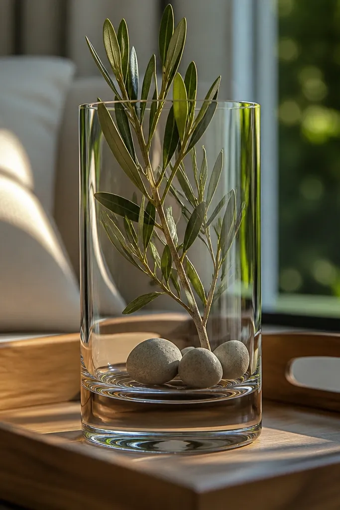 Light wood tray with a weighted clear glass jar and faux olive branch