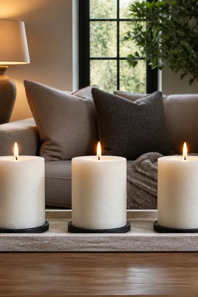 Three candles grouped on a tray with felt rings underneath