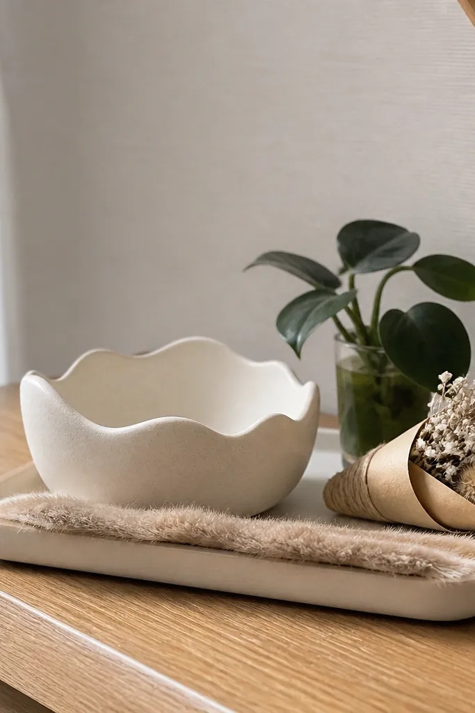 White ceramic catchall with a faux fur strip beneath and a small plant