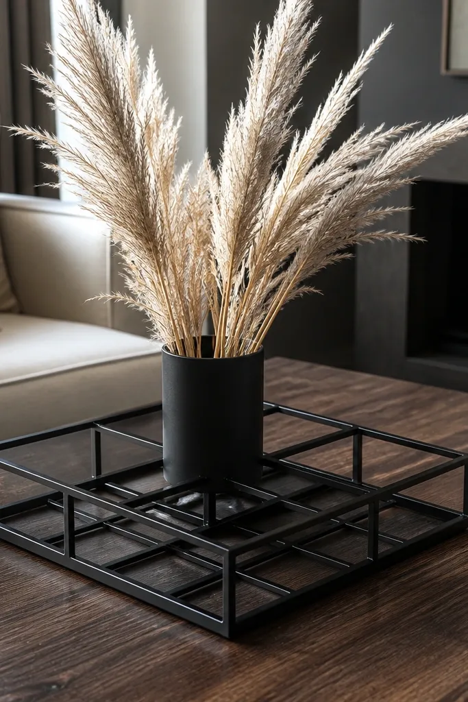 Black metal tray with dried pampas in a simple vase and a small candle