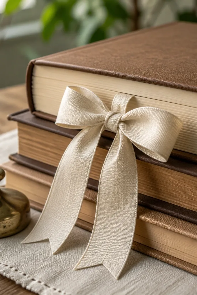 Stack of books with a satin ribbon bow and a small candle on a tray