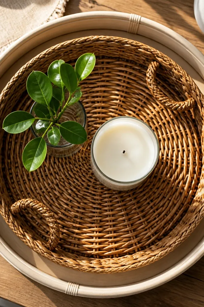 Wicker tray nested inside a larger tray with a candle and small plant