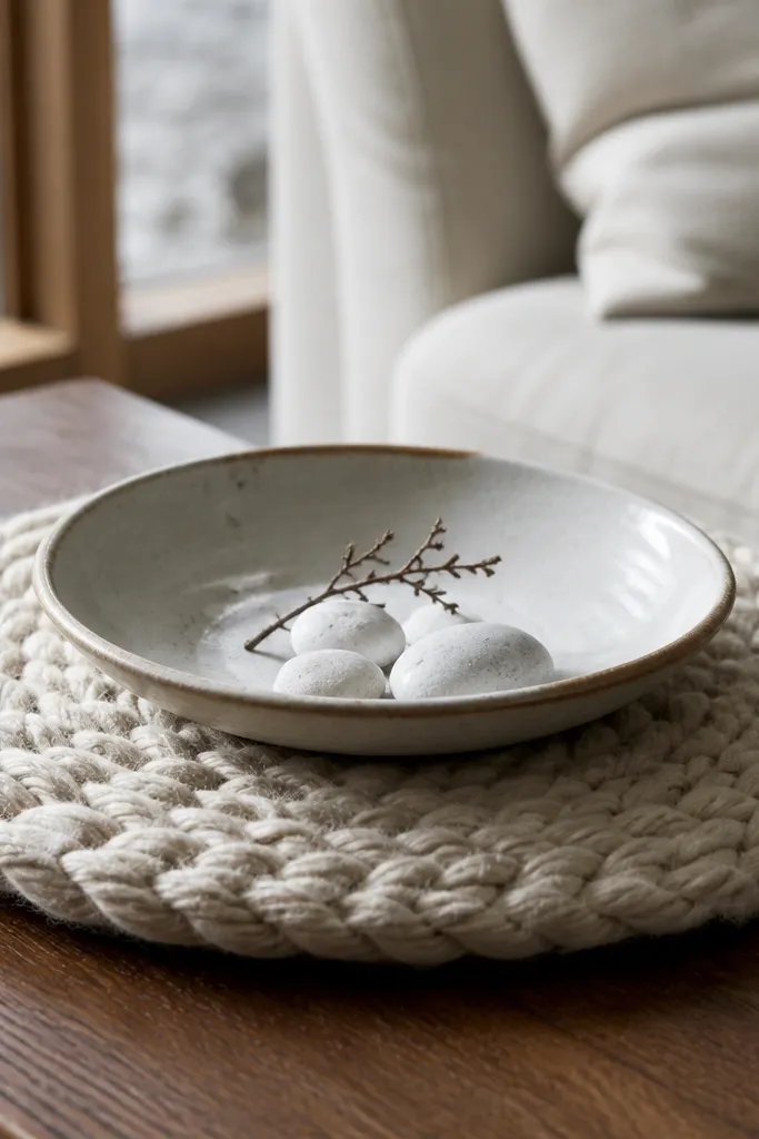 Chunky knit mat on coffee table with a ceramic bowl centerpiece