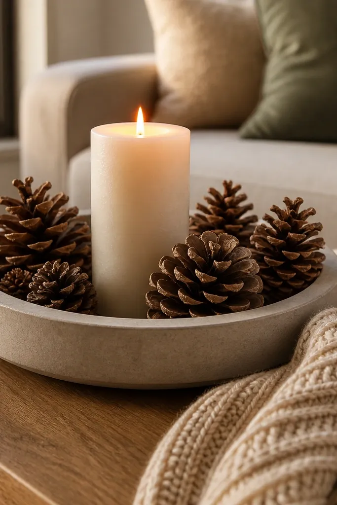 Stone-colored candle tray with pine cones and a taper candle