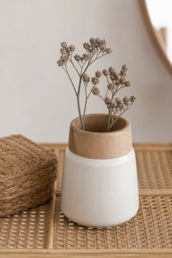 Rattan coasters arranged in a grid with a two-tone vase and candle