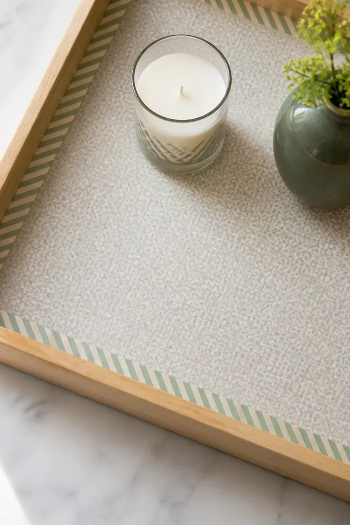 Tray with a paper liner edged in washi tape and a candle centerpiece
