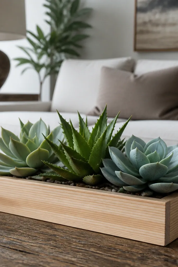 Wood plinth with a cluster of faux succulents and a tiny candle