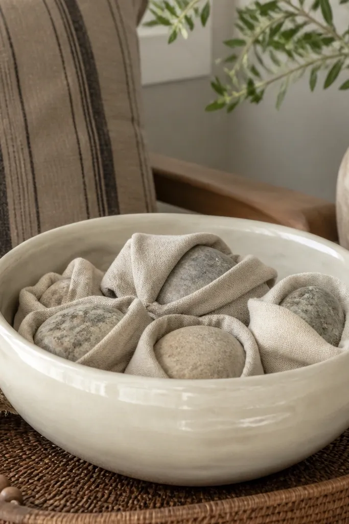 Large ceramic bowl filled with wrapped stones and a small candle nearby