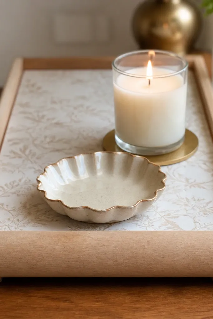 Tray with removable paper liner and a small candle and vase arrangement