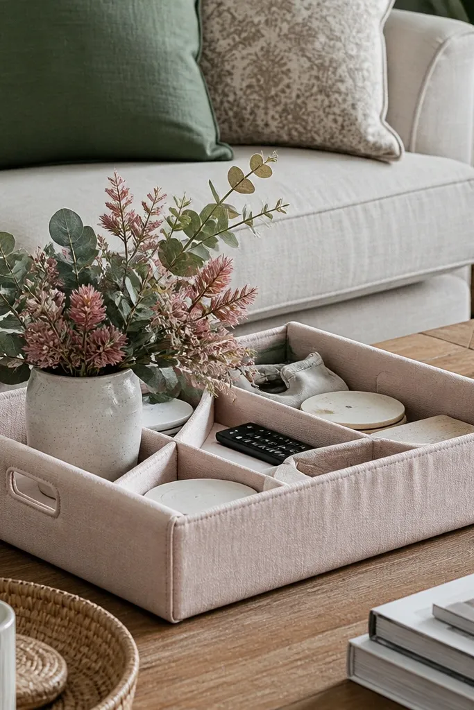 Wood tray with fabric lining and small faux flowers in two cups