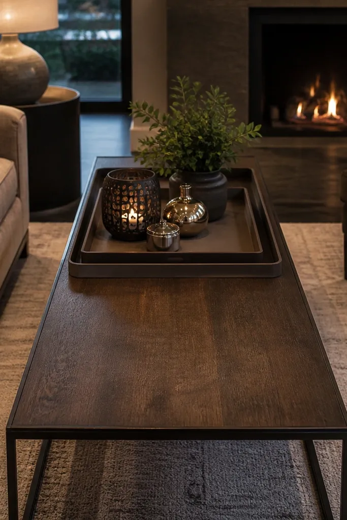 Stacked trays on the coffee table edge with a small mirror and candles