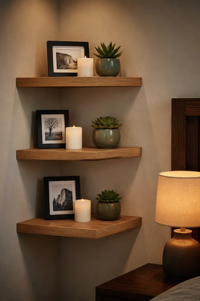 Three small corner shelves with matching wood finish and hidden supports
