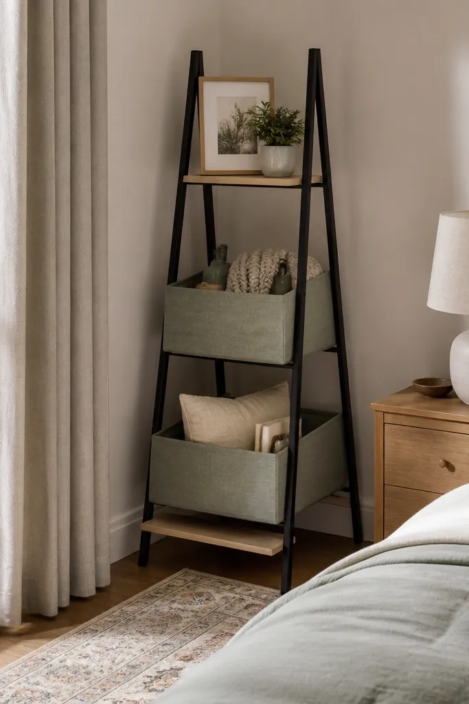 White corner ladder shelf with three wood shelves and woven fabric baskets