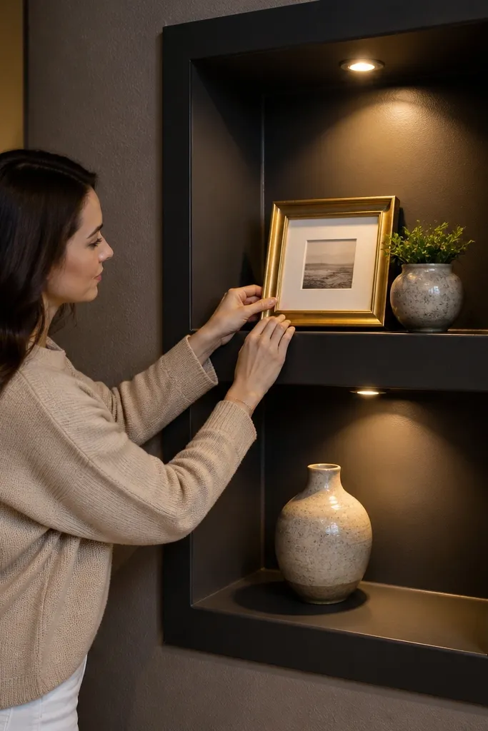 Corner shelves with a recessed back panel and wood trim around each shelf
