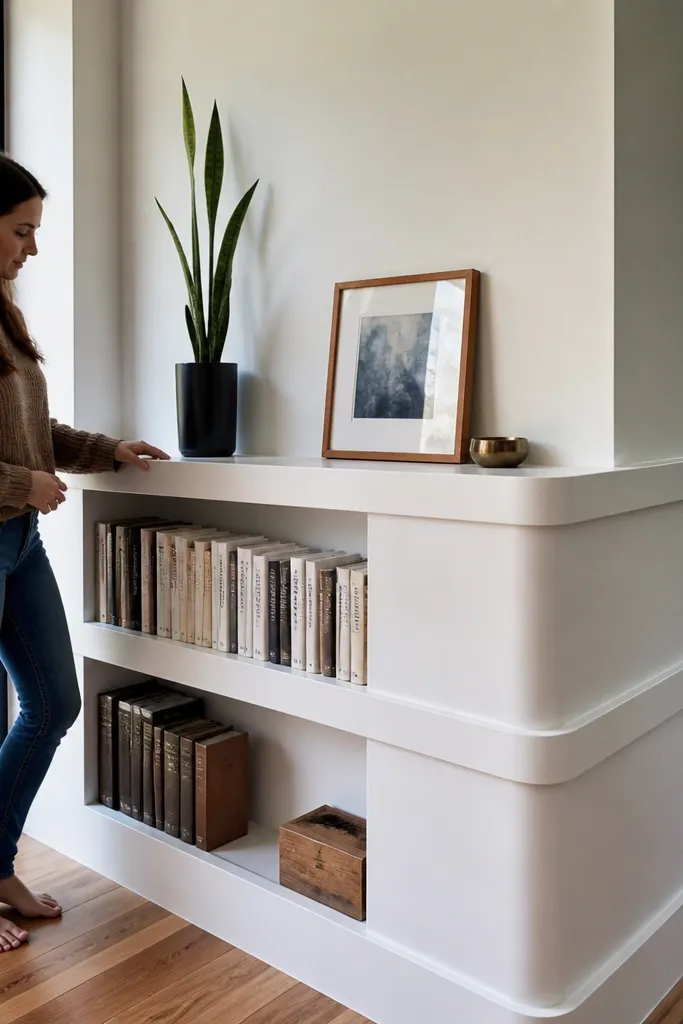Wood corner shelf that wraps two walls with a continuous top rail