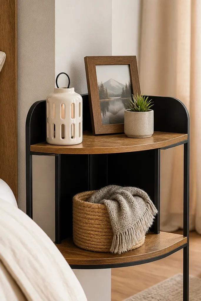 Matte black metal corner etagere with two oak-look wood shelves