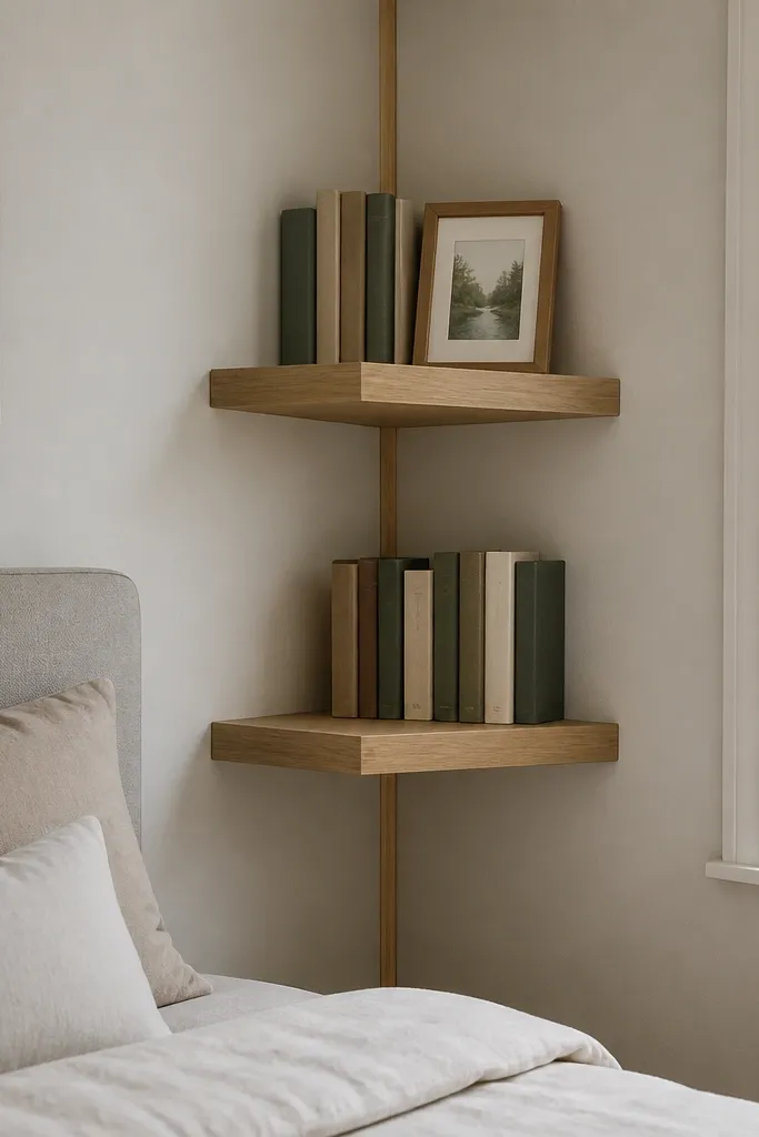 Three floating-style corner shelves with minimal visible hardware and warm wood finish