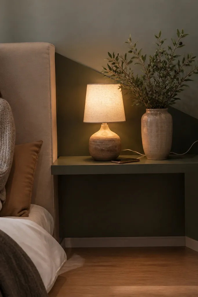 Corner shelf with a slanted back panel that hides cords behind decor