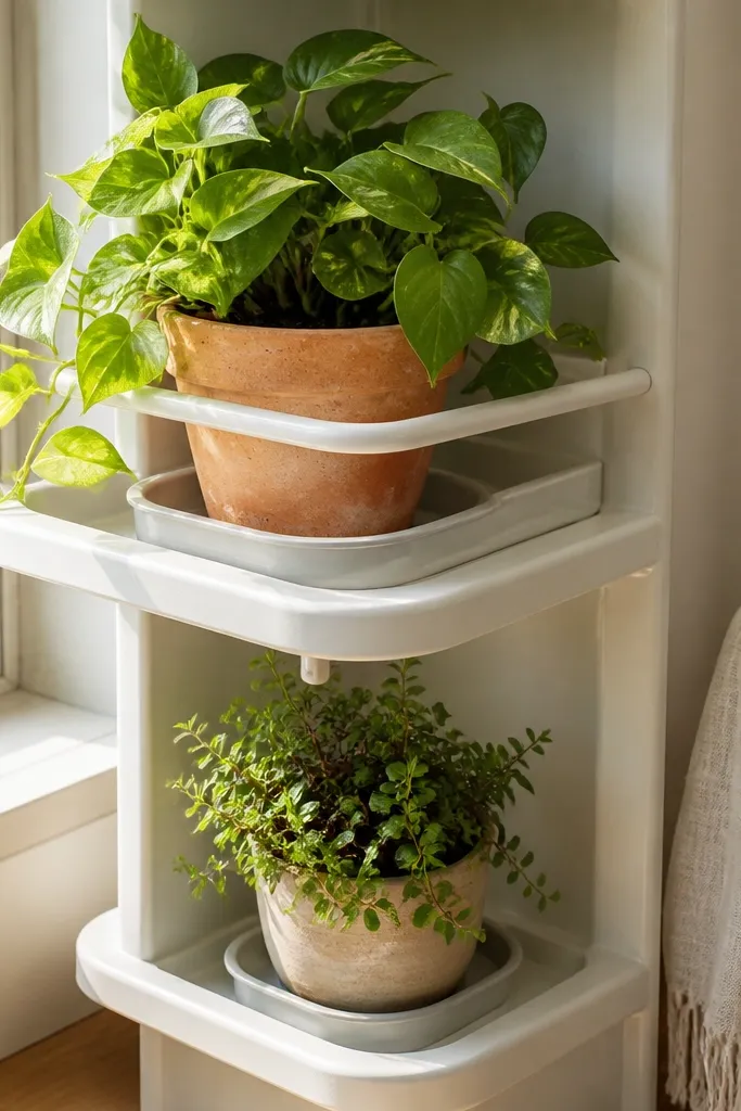 Corner shelf with a small plant rail and a recessed area for a drip tray