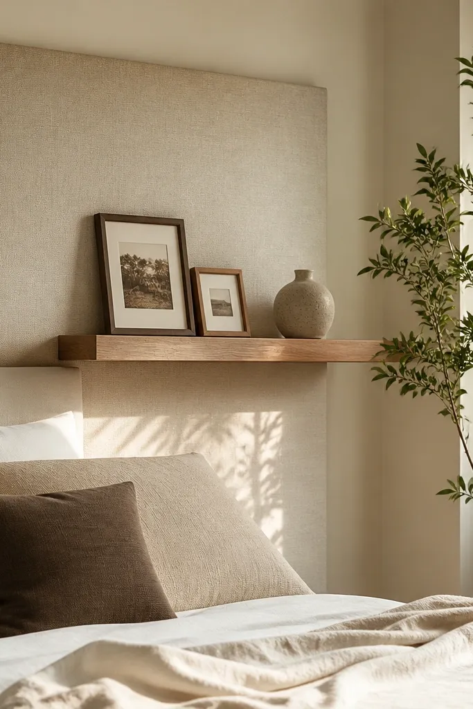 Corner shelf with a fabric-covered backboard in a soft neutral color