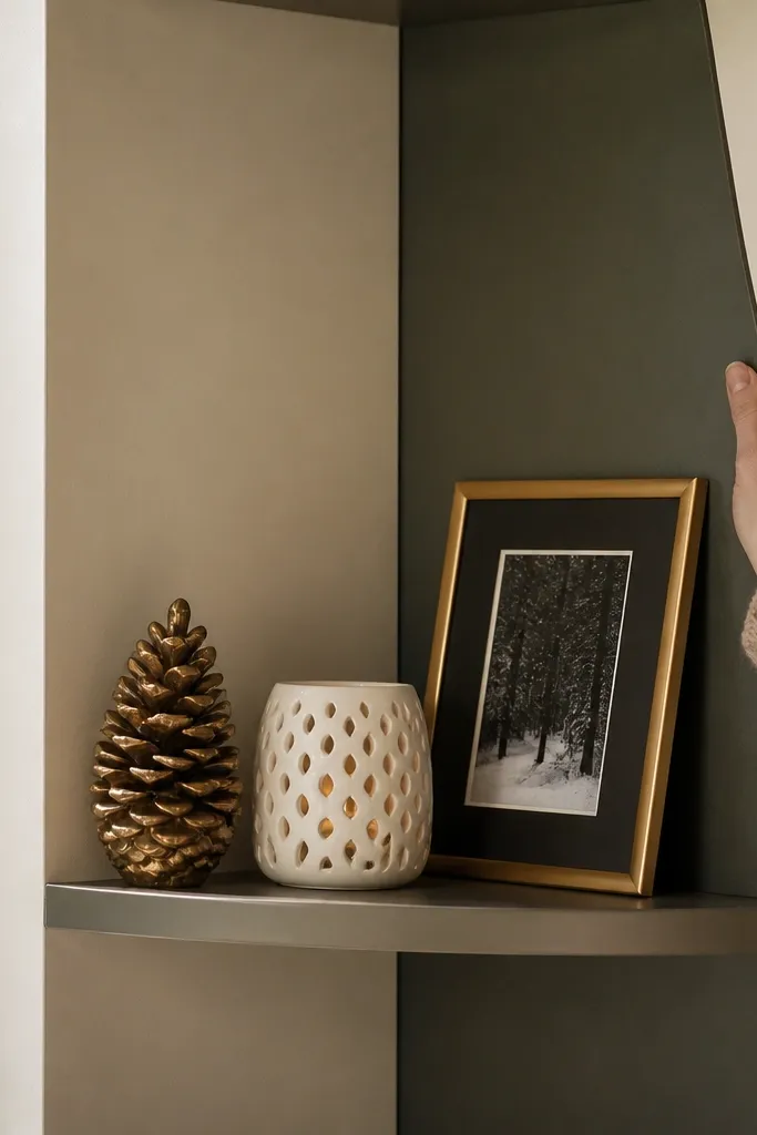 Corner shelf with a removable back panel showing two colors behind decor