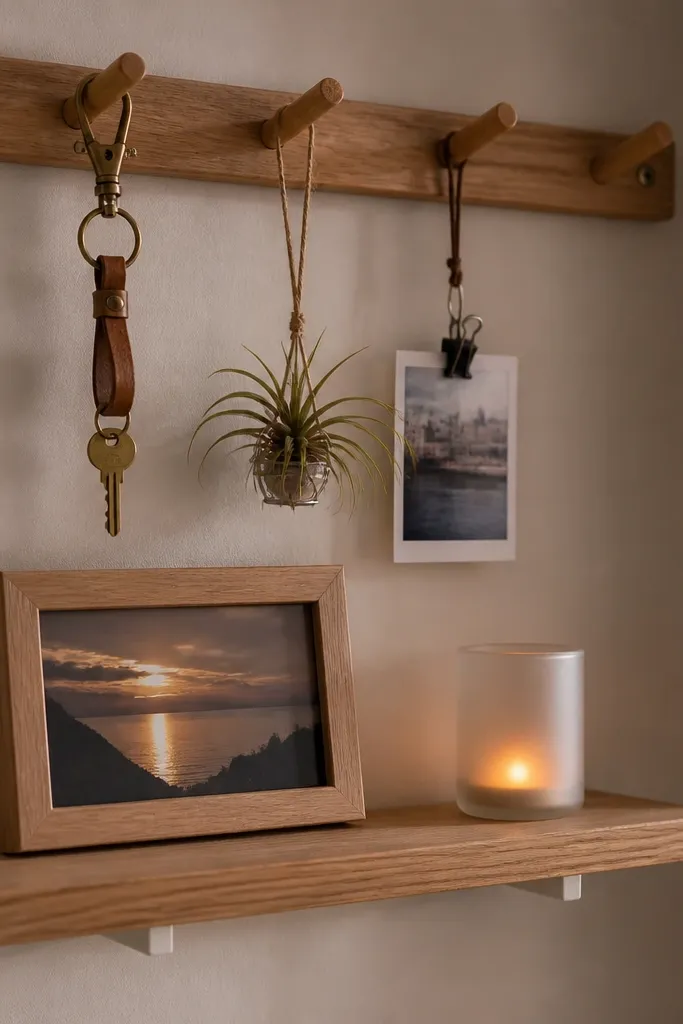Corner shelf with a small dowel peg rail holding lightweight decor