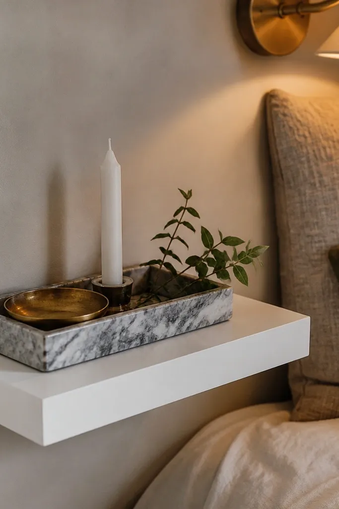 Corner shelf styled with a gray stone-look tray and small framed photos