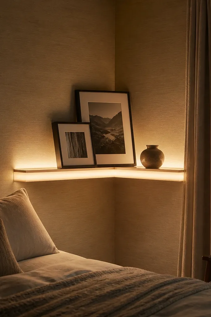 Corner shelf with a soft glow behind a frosted acrylic back panel
